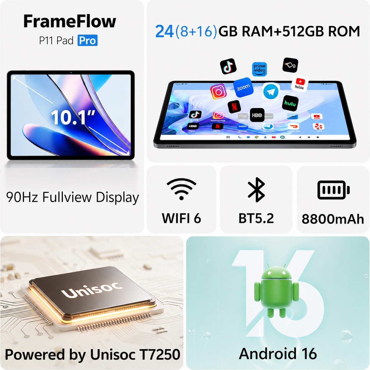 Litepad Ultra Slim 11" 24GB RAM 512GB ROM 1TB Expandable Wifi 6 Dual SIM, Dual Camera, Android 16 Tablet view 2